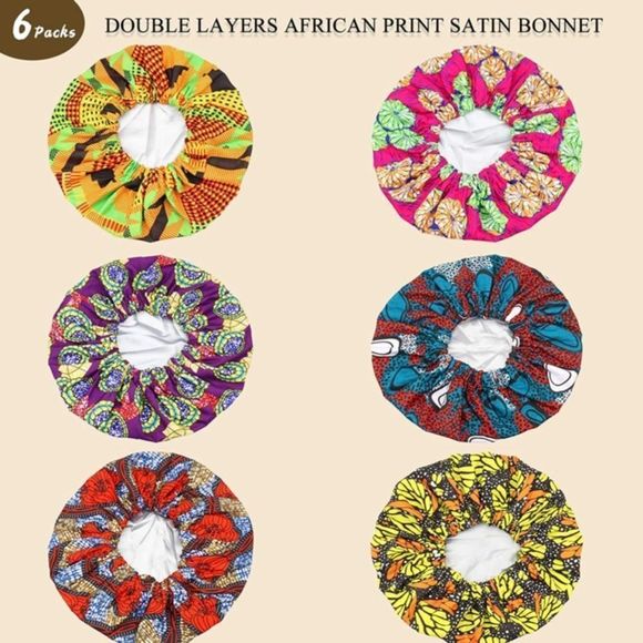 6 Packs Double Layer Satin Bonnet for Women Silk African Print Sleep Cap​​ main image 7